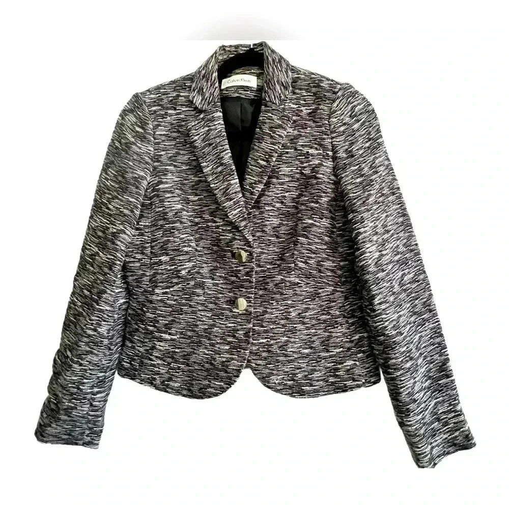 Calvin Klein Tweed Blazer, Size 6P, Grey/Black/White/Purple Tweed